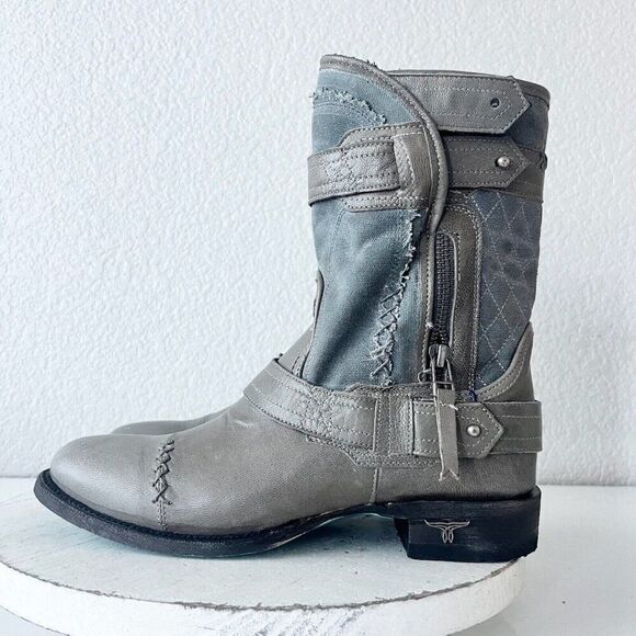 NEW Lane Boots Womens Gray Leather Canvas Mid-Calf Western Moto Style Zip Size 8 - Picture 4 of 11